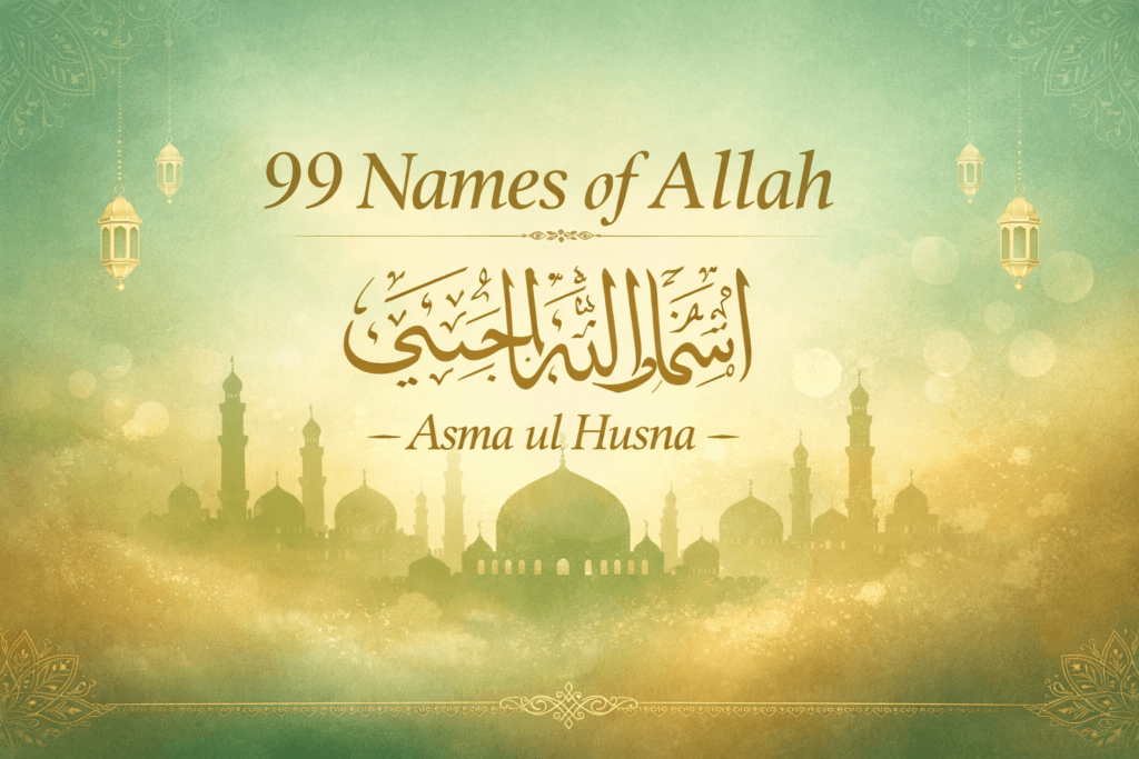 Elegant graphic of the 99 Names of Allah – Asma ul Husna, featuring Arabic calligraphy, modern English font, soft green and gold gradient background, subtle mosque silhouette, and minimal Islamic patterns, designed for web and social media thumbnail.