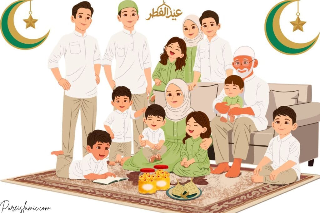 Eid al Fitr celebration with Muslim family sitting together and enjoying sweets