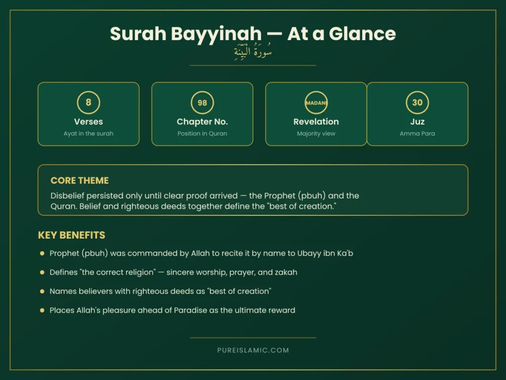 Surah Bayyinah summary infographic chapter 98 meaning and benefits